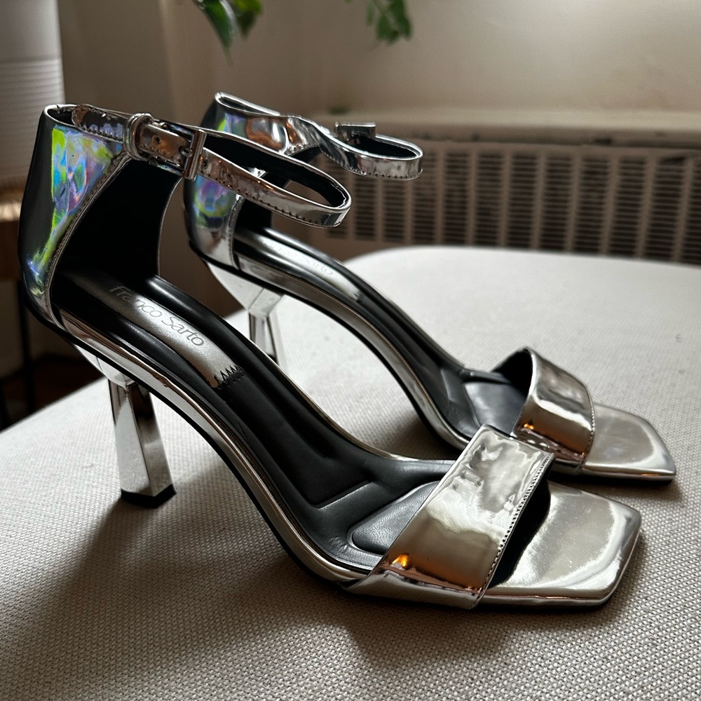 Franco Sarto Silver Ankle Strap Heels